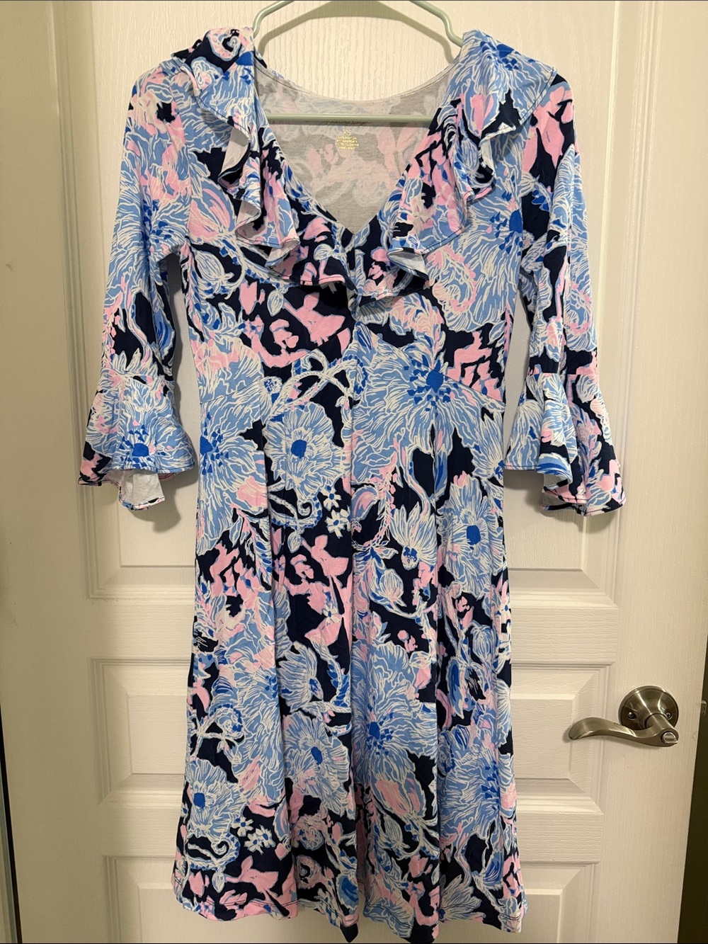 Lilly Pulitzer Navy, Light Blue & Pink Floral Ruffle V-Neck Midi Dress